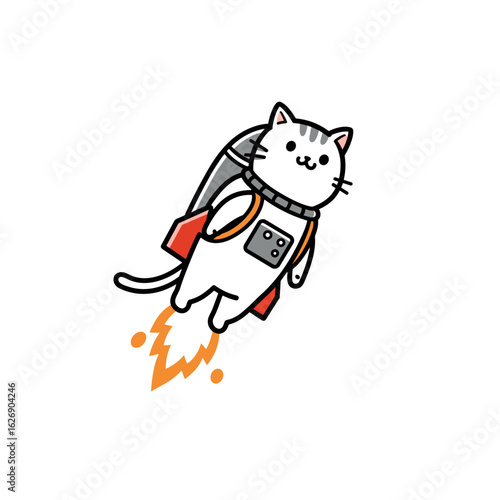 Cartoon cat flying with jetpack and flames in playful design  