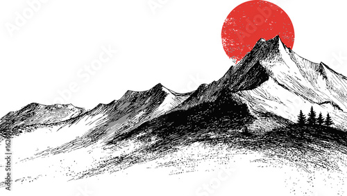 Sketch of mountain with red sun, japanese style. Vector illustration