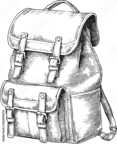 Detailed hand-drawn rustic leather backpack with straps and buckles illustration. Vector illustration