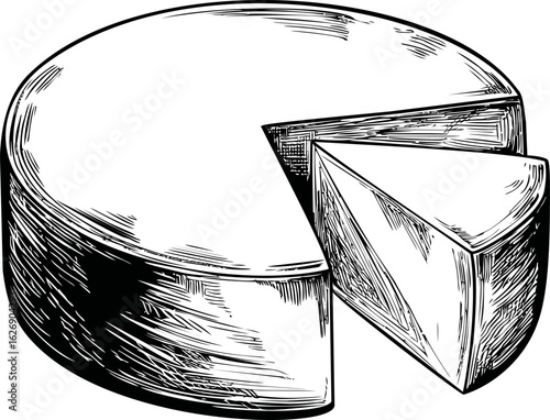 Round cheese wheel illustration with a slice cut out in black and white sketch. Vector illustration