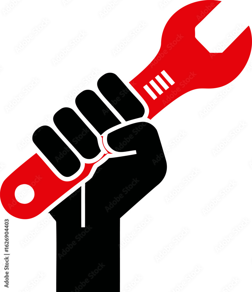 Obraz premium Fist holding a red wrench symbolizing strength and solidarity. Vector illustration