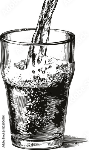 Illustration of water being poured into a glass with bubbles, black and white sketch. Vector illustration