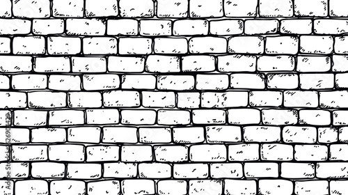 Detailed black and white sketch of a brick wall with hand-drawn texture. Vector illustration