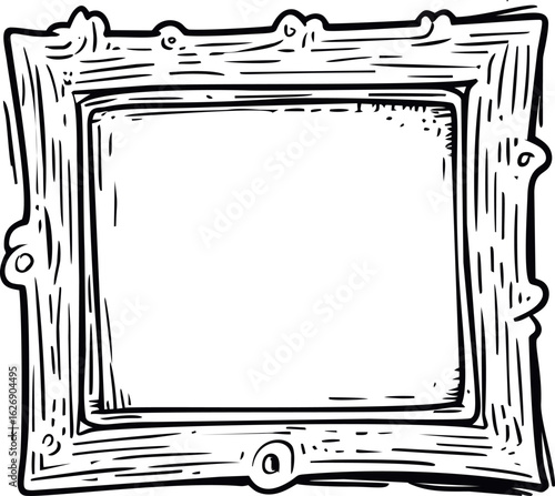 Decorative wooden picture frame in black and white sketch style. Vector illustration