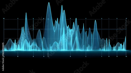 Abstract blue digital audio waveform visualization; data peaks and valleys; dark background; suitable for technology or music themes