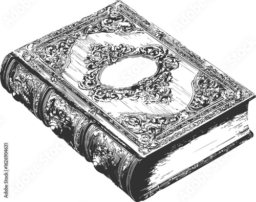 Intricate black and white illustration of an ornate antique book sketch. Vector illustration