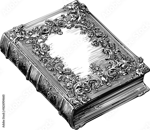 Intricately designed antique book with ornate floral cover illustration. Vector illustration