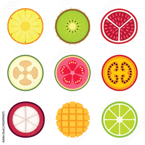 Set of colorful round slices of different fruits 