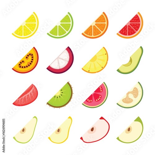 Set of colorful sliced different fruit icons 