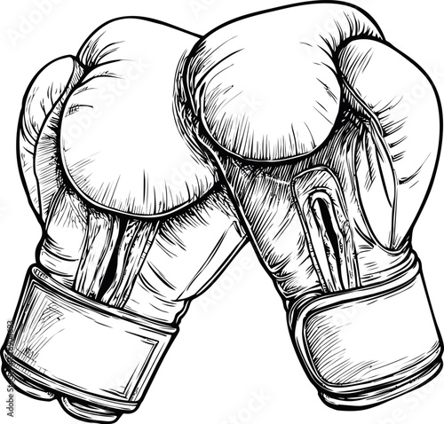 Black and white sketch of boxing gloves crossed showing strength and sport. Vector illustration