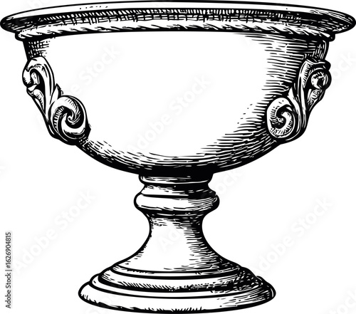 Intricate black and white illustration of a decorative ornate goblet. Vector illustration