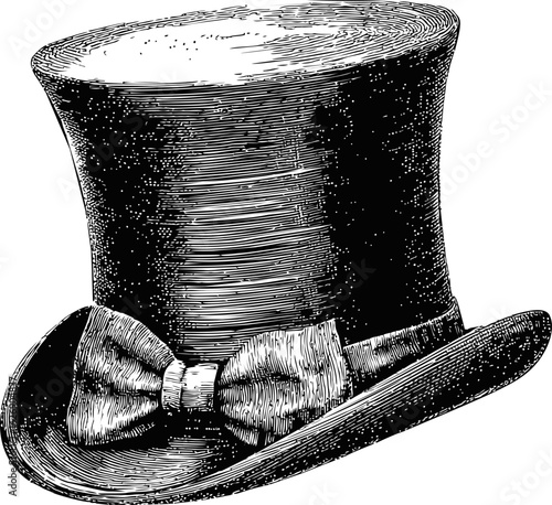 Vintage top hat illustration with bow tie, engraved black and white sketch. Vector illustration
