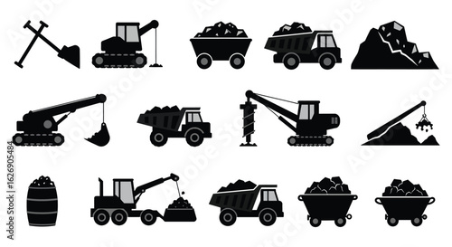 Collection of black and white silhouettes of mining equipment and vehicles used in excavation and transportation of materials