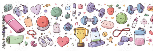 Cute cartoon fitness and healthy lifestyle doodle illustration featuring gym equipment healthy food and motivational symbols for wellness blogs