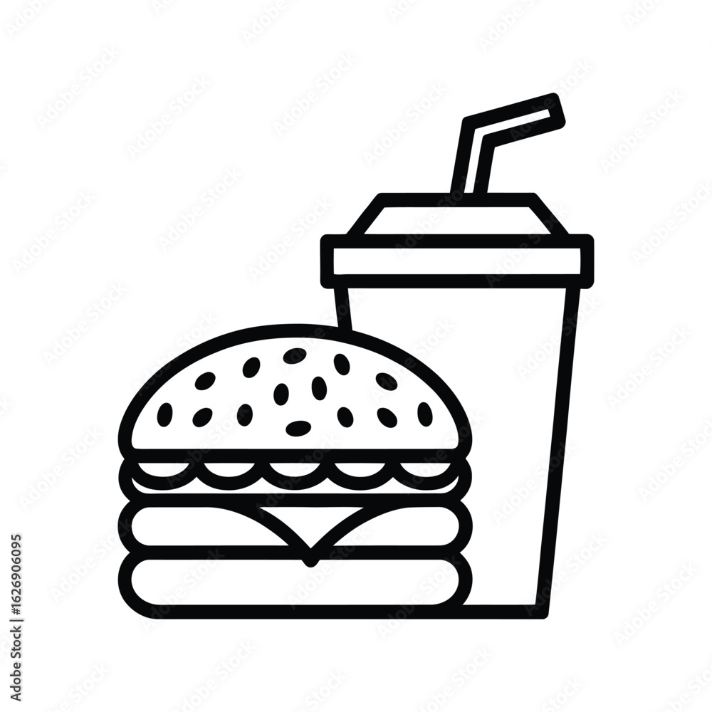 Minimalist hamburger and soda icon in black and white—ideal for fastfood branding, menu design, snack illustrations, and culinary visuals Minimalist hamburger and soda icon in black and white—ideal for fastfood branding, menu design, snack illustrations, and culinary visuals