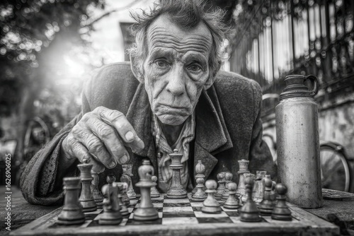 Wallpaper Mural A thoughtful elderly man contemplating his next chess move, captured in stark black and white with deep shadows and a sense of weathered wisdom, adding to the intensity. Torontodigital.ca