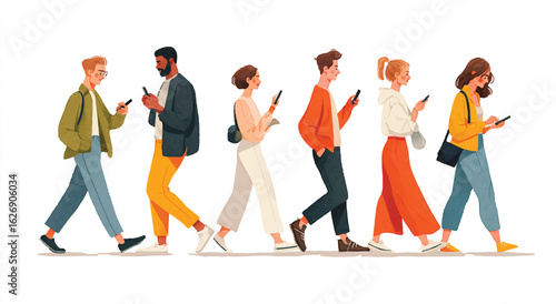 Diverse Group of People Walking and Using Smartphones Represents Modern Technology and Social Connectivity