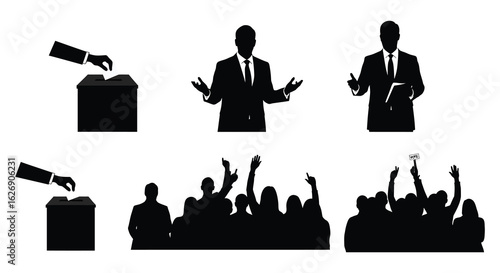 Silhouettes of voting public speaking and cheering crowds representing democracy and political engagement