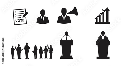 Collection of silhouette icons representing voting election campaigning public speaking and business growth