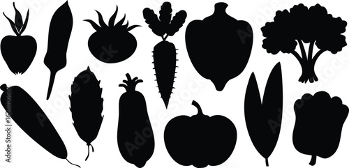 Assorted Black Vegetable Silhouettes Against White beet leaf