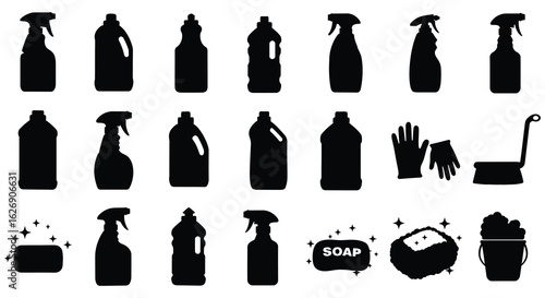 Collection of black silhouette cleaning supplies and tools for household chores and hygiene