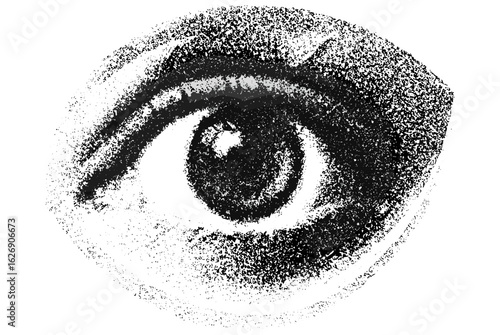 Scared eye graphic with halftone stipple effect in vintage photocopy style. Gothic surreal collage vector for punk Y2K poster, retro banner design featuring grainy texture and horror punk aesthetics.