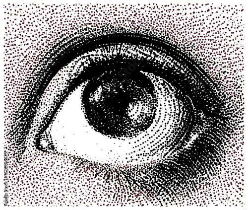 Vintage halftone stipple eye design with grunge punk Y2K collage style. Surreal gothic poster and banner vector illustration in retro photocopy texture and 90s nostalgia art, horror look