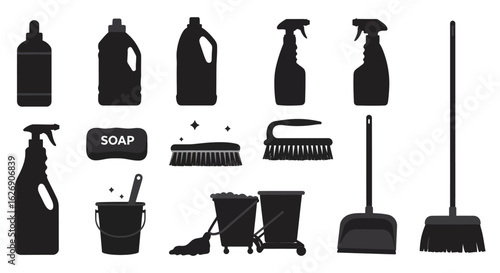 Collection of cleaning supplies and tools including bottles brushes brooms and dustpans in silhouette