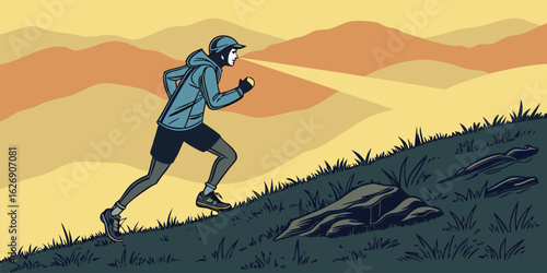 Runner ascending grassy hill against layered desert landscape running rocks