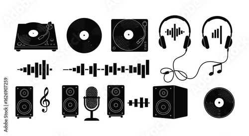 Collection of vintage and modern music icons including turntables vinyl records headphones microphones and speakers