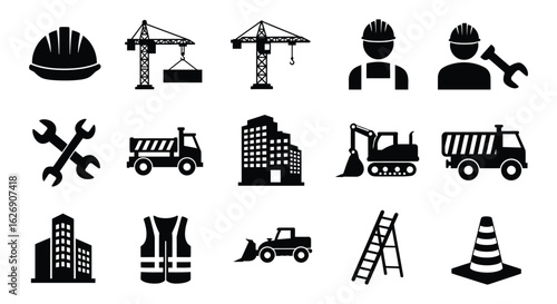 Collection of construction industry icons and symbols representing building machinery workers and safety equipment