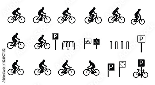 Collection of bicycle icons and symbols for cycling and parking signage