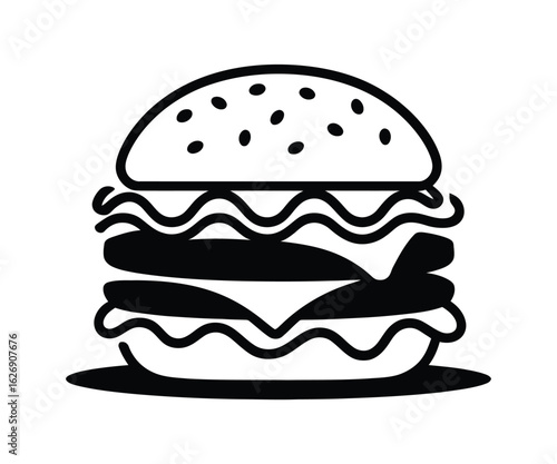 Minimalist hamburger icon with sesame bun, tomato, lettuce, cheese, and patty—ideal for fastfood menus, culinary branding, and snack icons