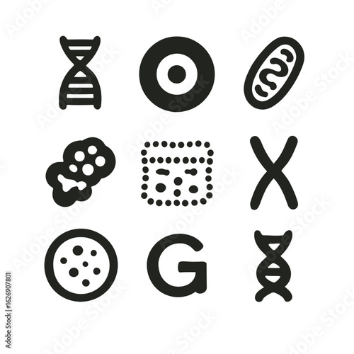 Genetics and molecular biology icon set. Simple black and white vector symbols for science, research, and education concepts.