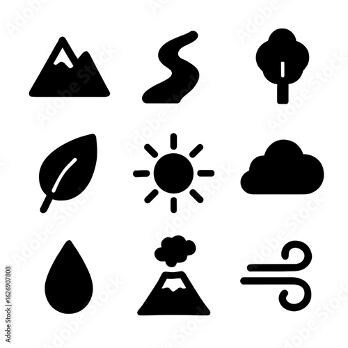 Collection of solid glyph icons depicting nature elements and weather phenomena. Set includes mountain, river, tree, leaf, sun, cloud, water, volcano, and wind symbols.