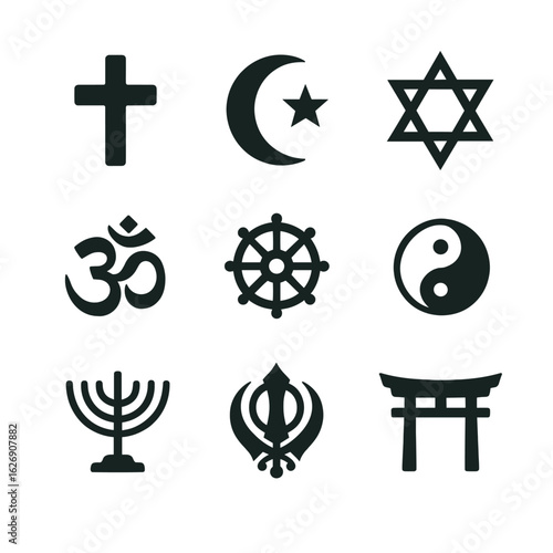 Set of nine major world religion symbols. Black icons representing diverse faiths like Christianity, Islam, Judaism, Hinduism, and Buddhism.