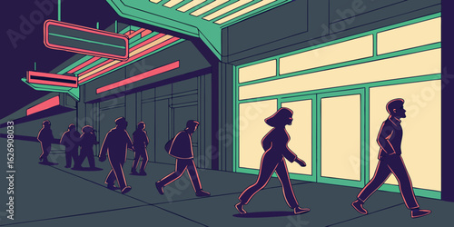 People walking along a brightly lit pathway city night