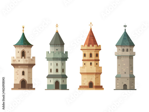 Four fairytale castle towers isolated on white background representing architectural design and fantasy buildings for games and story illustration