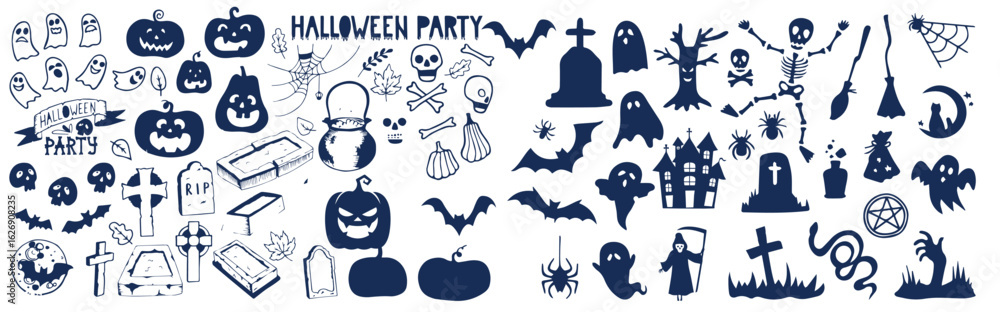 Spooky Halloween silhouette illustrations set. Graphic monochrome drawings collection. Hand drawn outline sketches, engraved doodle illustrations Spooky Halloween silhouette illustrations set. Graphic monochrome drawings collection. Hand drawn outline sketches, engraved doodle illustrations