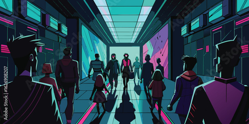 Futuristic corridor with diverse people walking neon