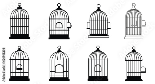 Collection of eight vintage ornate bird cages in black silhouette on a white background