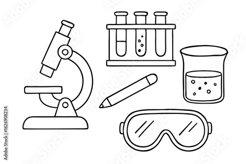Vector illustration set of laboratory equipment icons: microscope, glassware, and other science objects