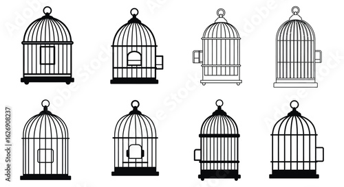 Collection of eight ornate vintage bird cages in black silhouette on a white background