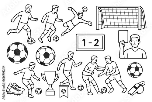 Cartoon vector set of stick figure soccer players and kids playing football with a ball, a fun sports icon collection