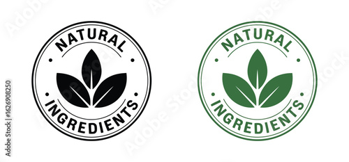 Circular natural ingredients label in black and green featuring three leaf icon—ideal for organic branding, eco packaging, and product labeling