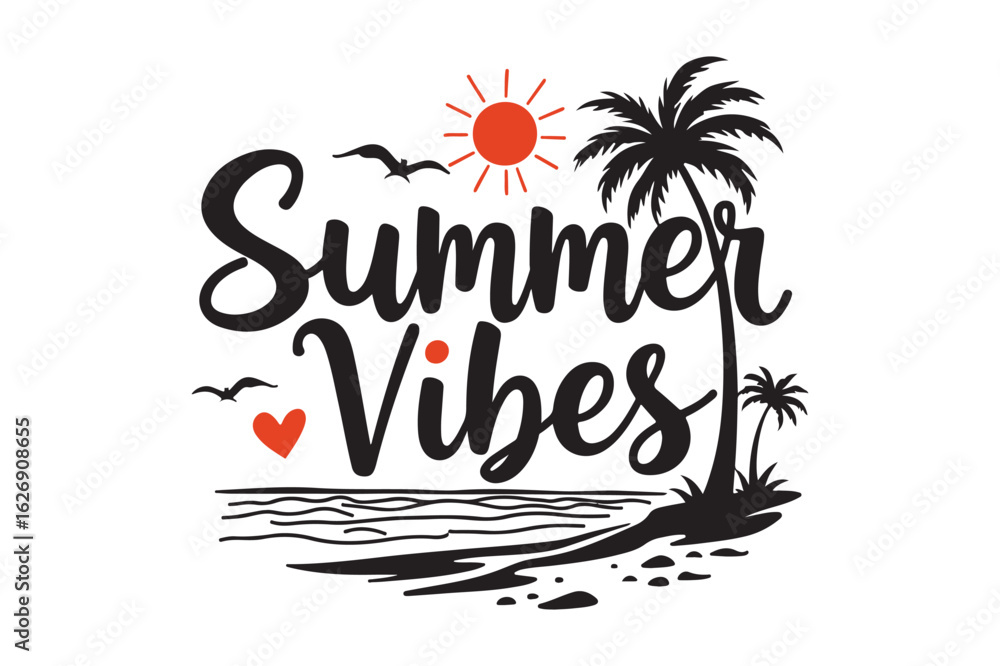 Naklejka premium Summer vibes handwritten text with tropical beach scene and palm trees