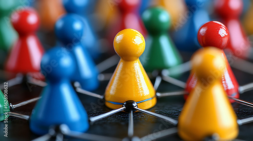 Colorful Game Pieces Connected in a Network, Representing Teamwork and Collaboration
