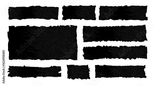 torn black paper set with ripped jagged edges on white background. Vector flat lay illustration for collage, text, message cards, scrapbook design, grunge frames, paper scraps, craft borders