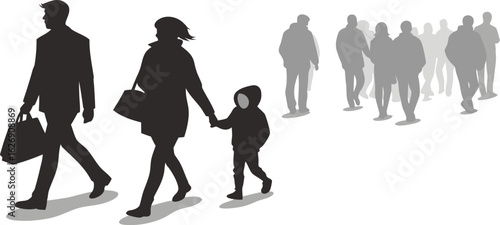 Silhouettes of people walking together on a white background family child
