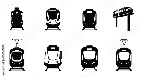 Collection of modern tram and train front view silhouettes on a white background for transportation concepts